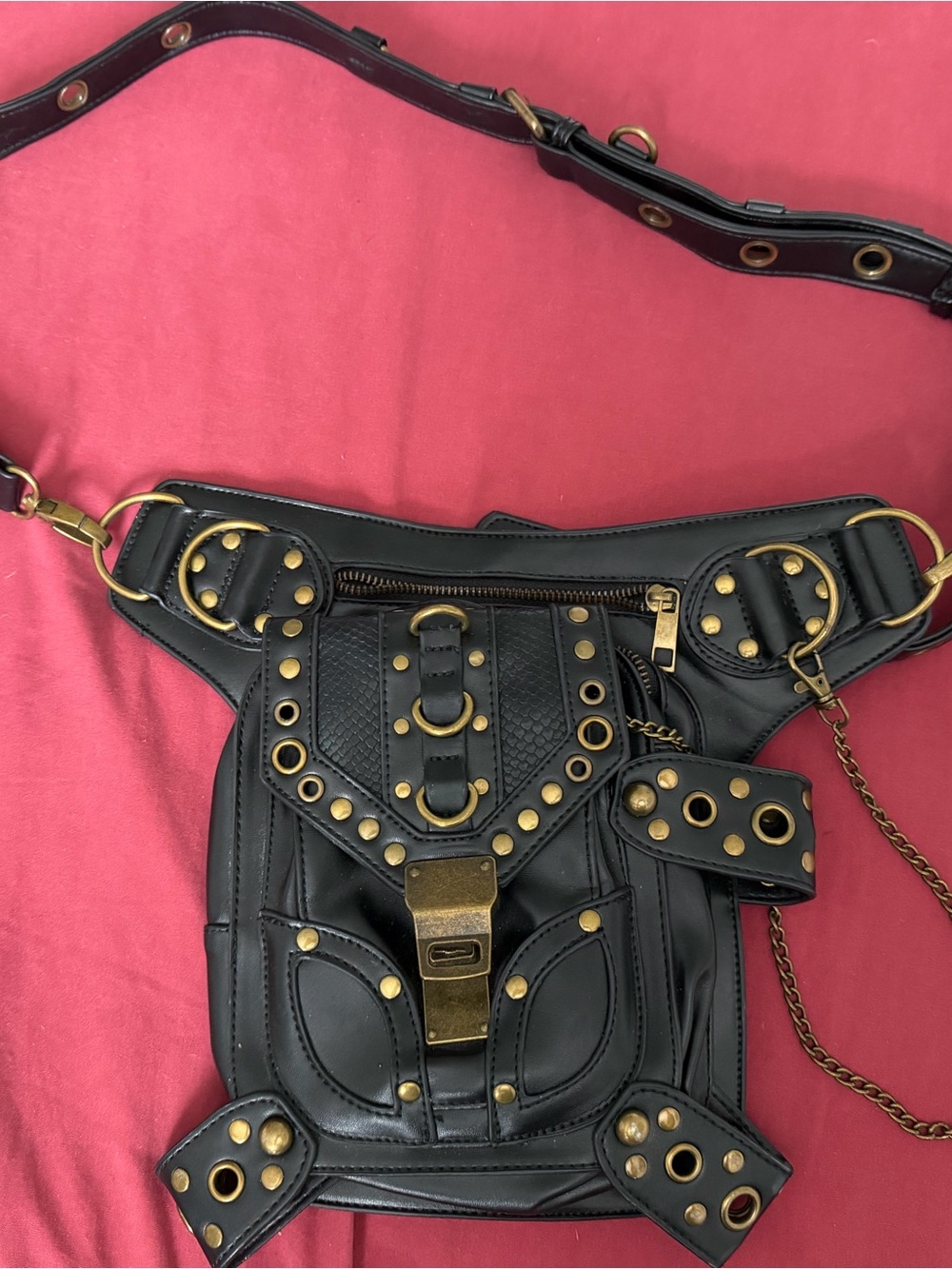 Black Studded Leather Steampunk Crossbody/Waist Bag with Brass Hardware